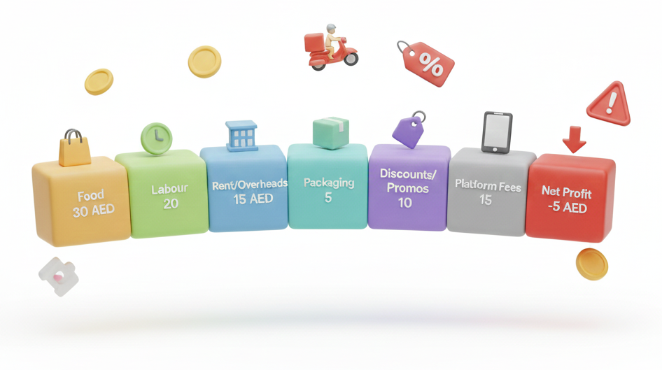 Infographic showing how a 100 AED delivery order is split across food, labour, overhead, packaging, discounts, and platform fees, leaving a small or negative net profit.